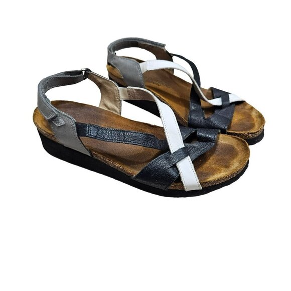 Naot Women's Leather Sandals Black & White Adjustable Straps Cork Footbed Size 4 - Picture 1 of 15